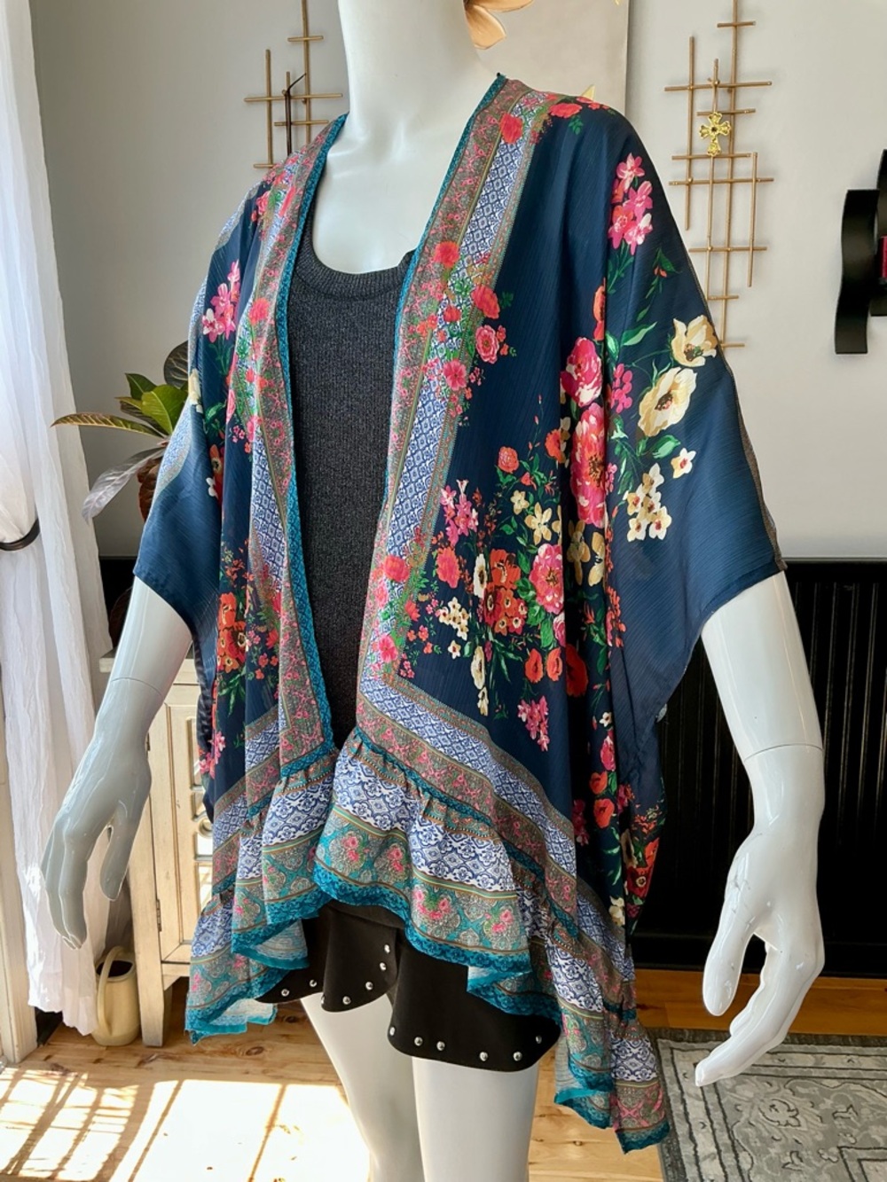 Umgee Fairy Draped Ruffle Trim Kimono Wrap Floral Hippie Relaxed Size M/L - Picture 5 of 13